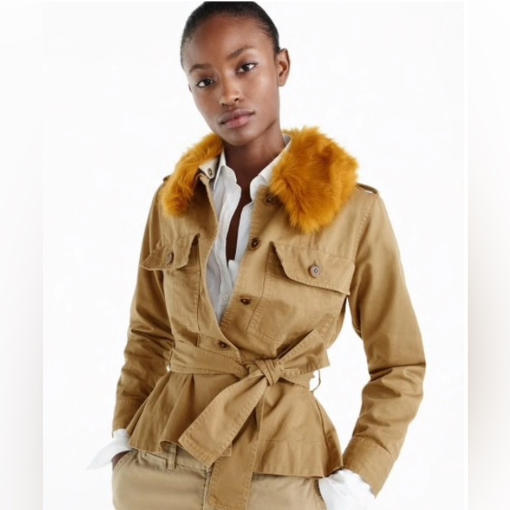 J. Crew Peplum Jacket Removable Faux Fur Collar Beige Brown Sz Small NWT